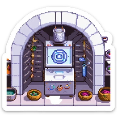 A transcendent baker manipulating timelines and alternate realities to bake. Ingredients phase in from other dimensions, and the oven warps space itself. UI is fragmented, shifting, and surreal—portals, time loops, and morphing recipe glyphs. sticker