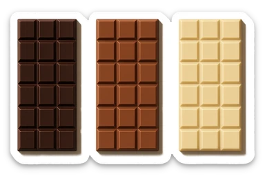 3 BARRETTE DI CIOCCOLATO, UNA FONDENTE, UNA AL LATTE E UNA BIANCA, CON OMBRA REALISTICA, VISTE DALL'ALTO, IPERREALISTICO 4K sticker