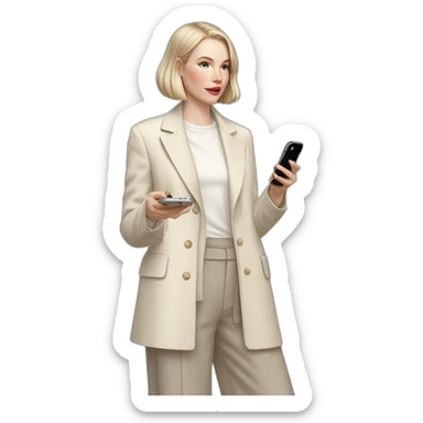 pale skin woman with ash blonde Straightened bob Hair, White Spacious classical jacket, beige palazzo Arrow pants and gray blouse holding white IPhone 15 pro in the hands sticker