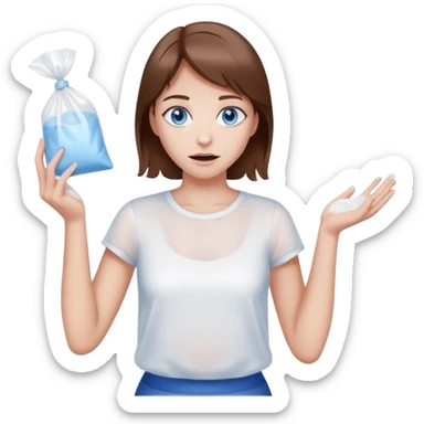 Brown hair blue eye Girl shrugging holding a clear plastic bag with white powder sticker