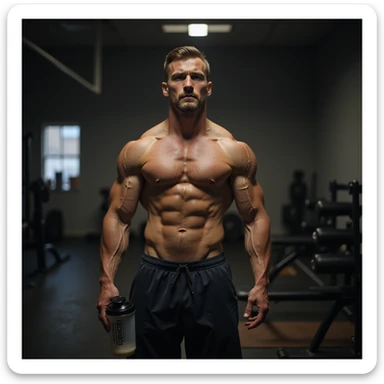 realistic bodybuilder man, cutting phase, very lean body, dry and less full muscles, visible veins, lean appearance, in front of mirror, doubtful expression, gym background, dim light, protein shaker on bench sticker