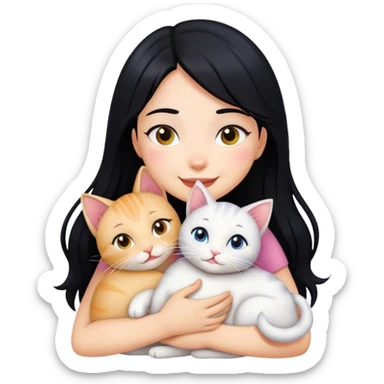 happy girl with black hair hugging three cats   sticker