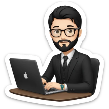 a young man with long black hair, with formal cloth, beard, wearing glasses sitting with a laptop, tattoo inyout arms sticker