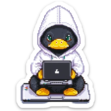 black rubber duck with tiny hoodie and a laptop, hacker sticker