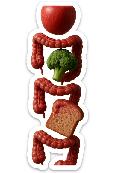 emoji stile iphone in 3d di cibo sano che fluttua in aria vericalmente insieme ùa pezzi di colon umano anatomico, iperrealistico 4k sticker