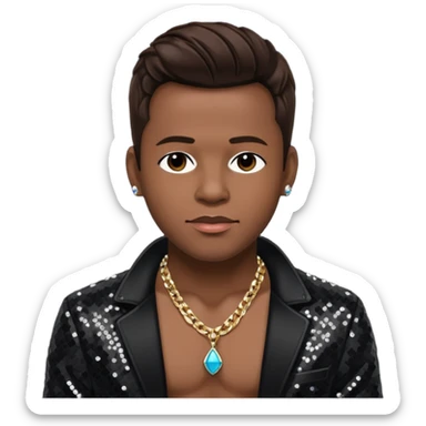 Bobby Brown with dark brown hair, black sequin jacket, shirtless with necklace sticker