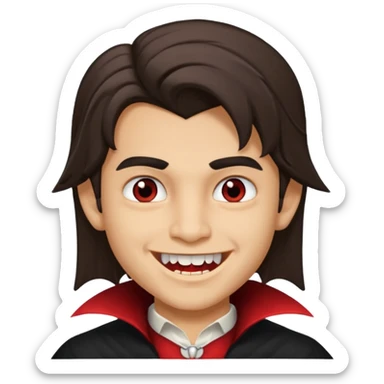 hispanic boy, medium length hair, vampire teeth sticker