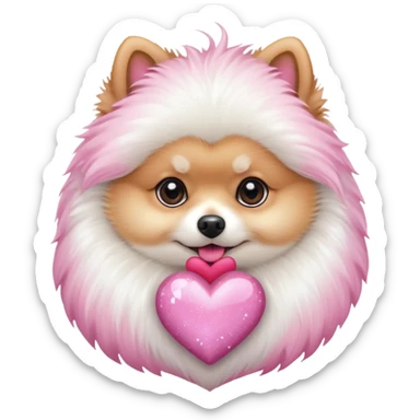 A Pomeranian holding a pink sparkling heart sticker