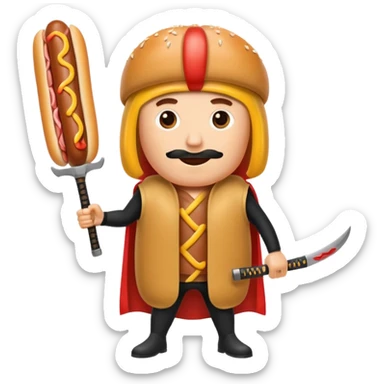 Middle aged attractive man wearing a hot dog costume wielding a katana sticker