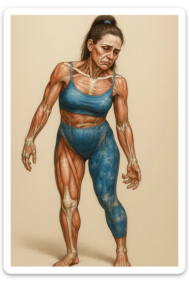 Donna in abbigliamento sportivo, postura asimmetrica, stile medico realistico, muscoli e ossa visibili, segni specifici di stress cronico: mascella serrata, spalle sollevate, rughe sulla fronte, occhiaie marcate, mani contratte, sfondo neutro, formato verticale. sticker