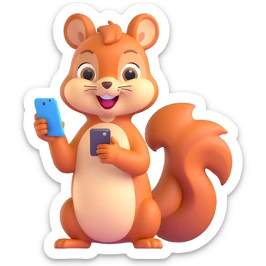 cartoon squirrel with a smartphone, mid-conversation, cheerful expression, emoji style sticker