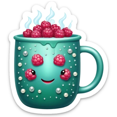 soft blue mug filled with steaming hot raspberry tea, decorated with dark green pearl and sparkly embellishments (aesthetic, cute) sticker