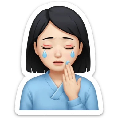 A crying East Asian woman with black hair, wearing light blue clothing. Her skin appears dry, closing her eyes and crying sticker