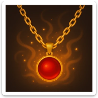 Make the garnet round and glowing wine-red, tiny talisman radiating warmth and power, golden chain, ethereal and moving, in emoji style sticker
