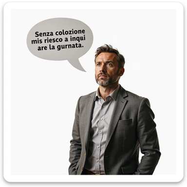 hyperrealistic 4K man isolated on white background with a speech bubble saying 'Senza colazione non riesco a iniziare la giornata', convinced expression, natural pose, realistic details sticker