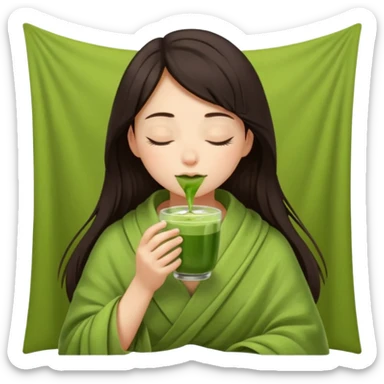 Dark brown hair girl inside a blanket sipping matcha eyes closed sticker