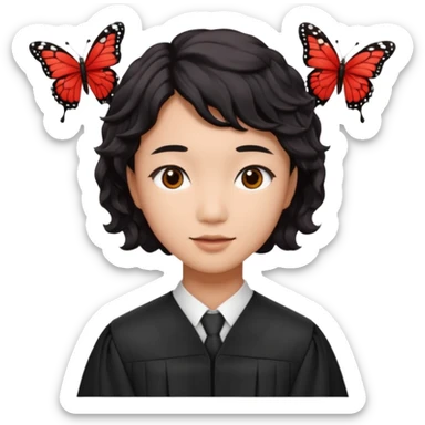 Graduate red asian black hair with wavy butterfly haircut sticker
