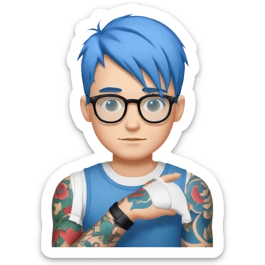 male character with blue hair, glasses, tattoo on arm sticker
