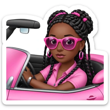 A dark-skinned Black woman with black box braids, driving a pink car sticker