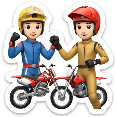 2 dirtbike racers in gear and gloves fist bumping sticker
