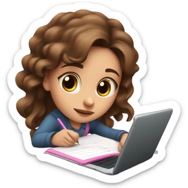 Beautiful girl with brown hair and brown eyes doing homework on a pink notebook and her ipad on her white table sticker