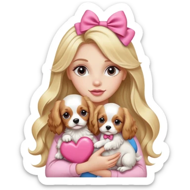 Pretty blonde bombshell girl with long hair and highlights. She has long eyelashes and a pink bow in her hair. She is holding a cavalier puppy in her arms and there is a huge heart behind her sticker