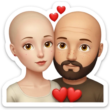 Couple. Bald man with dark brown-black beard. Woman with many small, faded, round, small freckles, white skin and she has auburn-yellow-brown dark hair. She has light yellow-brown eyes. He have hazel eyes. They look at each other. Many small red hearts around them. sticker