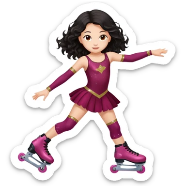 Una patinadora de 12 años y es morena de pelo y lleva un mallott granate con brillos y esta patinando con patines de ruedas en linea y su piel es clara y el pelo es largo negro ondulado e mallot tiene falda sticker