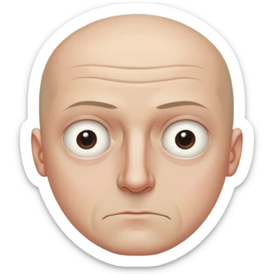 Steven Miller, bald, scowling expression, narrow rectangular head, bottom lip sticking out, eyelids almost closed and lower on the outside, dark circles around eyes sticker