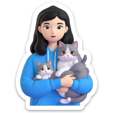 Girl with black hair wearing gray hoodie with a British shorthair blue and white cat and a long-haired blue and white cat sticker