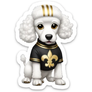 White poodle wearing a black football helmet with gold stripe and gold fleur de lis emblem sticker