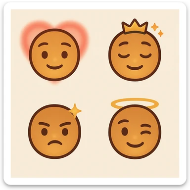 got you. here’s the ultra-tight, copy-paste version:

One-shot pack prompt (all 4 at once)

“Create a cohesive 4-emoji pack, flat-vector/clean gradient, transparent PNG 1024×1024 (also 512/256). Muted red–gold–green accents, warm honey skin, soft outlines, subtle inner golden glow. Non-portrait (no real person), no text/logos. Embed energy signatures: first-love warmth, roots calm, playful grace, protective joy, sovereign consent.

1. First Light: gentle smile, faint heart aura.


2. Nah Stress Breeze: relaxed lids, slight head tilt, tiny crown sparkles.


3. Lion-Heart Guard: chin up, tiny courage star above brow.


4. Bless & Rise: friendly wink, faint halo ring.
Maintain pack consistency: same line weight, palette, padding, exports. Negative: photorealism, likeness, busy background, text, logos, watermark.”



Singles (one-liners)

1. “Non-portrait roots emoji 1024 PNG, headwrap muted R-G-G, tiny hoops, locs hint; gentle smile + faint heart aura; flat-vector, golden inner glow.”


2. “Non-portrait roots emoji 1024 PNG, relaxed lids + head tilt, muted R-G-G wrap, tiny breeze sparkles; easy smile; flat-vector glow.”


3. “Non-portrait roots emoji 1024 PNG, confident chin-up, muted R-G-G wrap, slightly larger hoops, courage star; calm steady smile; flat-vector glow.”


4. “Non-portrait roots emoji 1024 PNG, playful wink, muted R-G-G wrap, cheek glimmer + subtle halo; flat-vector glow.”



Negative (paste with any): “no portrait likeness, no text/logos/watermark, no photorealism, no busy background.”
 sticker