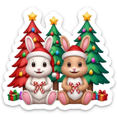 Smiling Bunnies with Santa hats sitting by brightly lit glowing colorful Christmas trees and candy canes 🎁  sticker