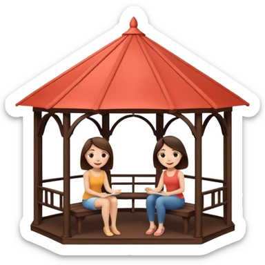 Two small brunette women sitting inside a large white gazebo sticker