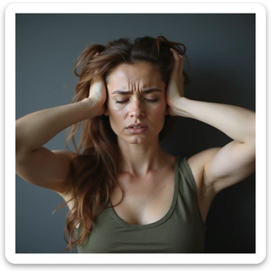 woman with hands in hair, stressed and nervous expression, hyperrealism 4K, variation 7 sticker