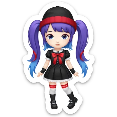 Chibi kawaii, violet eyes, black-blue twin tails, red ribbons, red beanie, black & white lolita dress with red accents, white thigh-highs, black mary janes, cute aesthetic. sticker