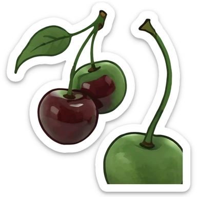 3D style pair of deep burgundy cherries with green stem, rich dark red color sticker