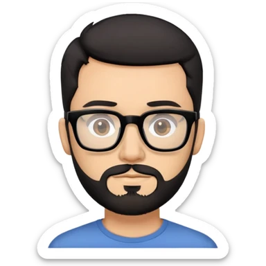 White male with short black hair and a short dark brown beard. Black frame square glasses sticker