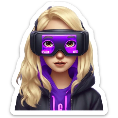 Russian cute blond girl wearing black hoody with violet letters "OMG", in vr headset. Cyberpunk style. Violet neon. sticker