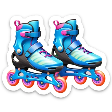 An icon featuring a pair of colorful rollerblades placed on a smooth path. The background showcases a picturesque park with lush greenery, blooming flowers, and a clear blue sky with soft clouds. The bright sunlight adds a cheerful touch to the scene. Transparent background sticker