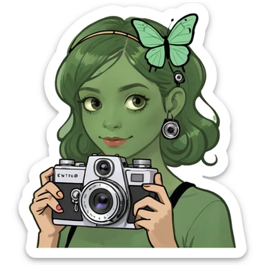 Aesthetic girl with soft makeup, butterfly clips in her hair, holding a vintage camera, pastel glow style” sticker