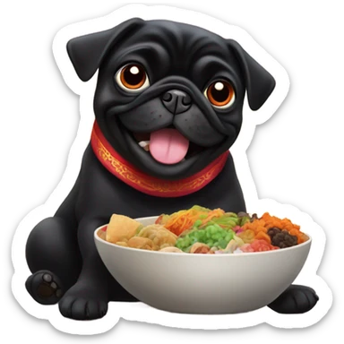 Black pug eating Chinese food sticker