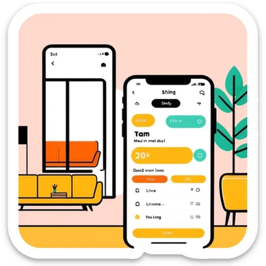 dating app swipe interface on phone but with living room designs instead of people profiles, with swipe left and right indicators sticker