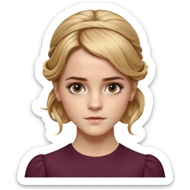 Cinematic Emma Watson Realistic Rococo Portrait, depicted with lifelike skin texture, subtle rosy undertones, and soft natural lighting that enhances the gentle contours of her face. Her intricately detailed golden blonde hair is elegantly styled in an updo, sticker