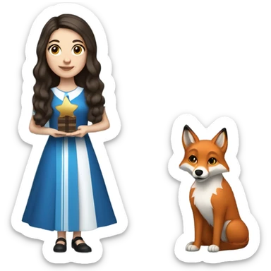 White girl in a dress for Hanukkah with long wavier dark brown hair holding something holiday related with her red fox looking dog  sticker