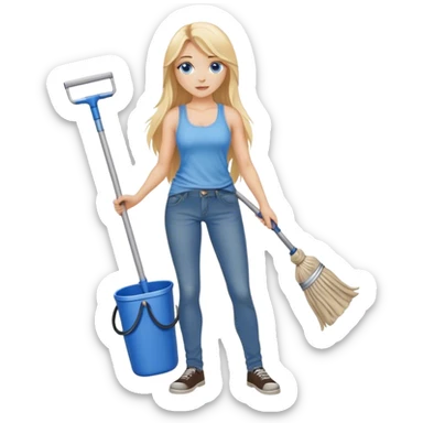  blonde with long hair and blue eyes, dressed in jeans and a tank top, holding a mop in her hands sticker
