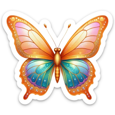 Pastel sparkly orange glittery iridescent rainbow transparent butterfly with detailed intricate patterns sticker