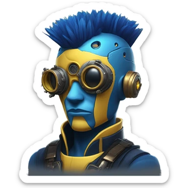 Yellow cyborg head with dark blue steampunk goggles and dark blue Mohawk  sticker