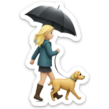 Blonde girl walking dog under the rain sticker