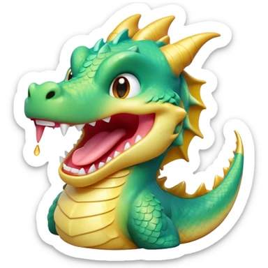 Cinematic Cute Yawning Dragon Portrait Emoji, Head tilted slightly with a dramatic, wide-open yawn, showcasing a soft, lustrous scaled body with gently drooping fins and half-closed, drowsy eyes, each scale rendered in exquisite detail under natural light; high shine, relaxed yet expressive, styled with a dash of fantastical charm, soft glowing outline, capturing the essence of a sleepy yet affectionate dragon that appears ready to stretch out and rest in its enchanted lair! sticker